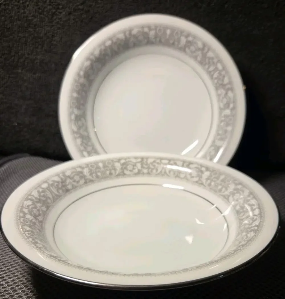Noritake China Naples 6975 2 Coupe Soup Bowls White W/Gray Floral Trim